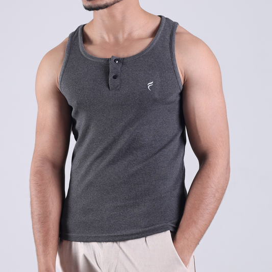 Henley Ribbed Tank Black 220 GSM - Organic Cotton