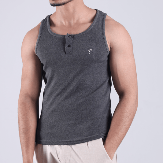 Henley Ribbed Tank Black 220 GSM - Organic Cotton