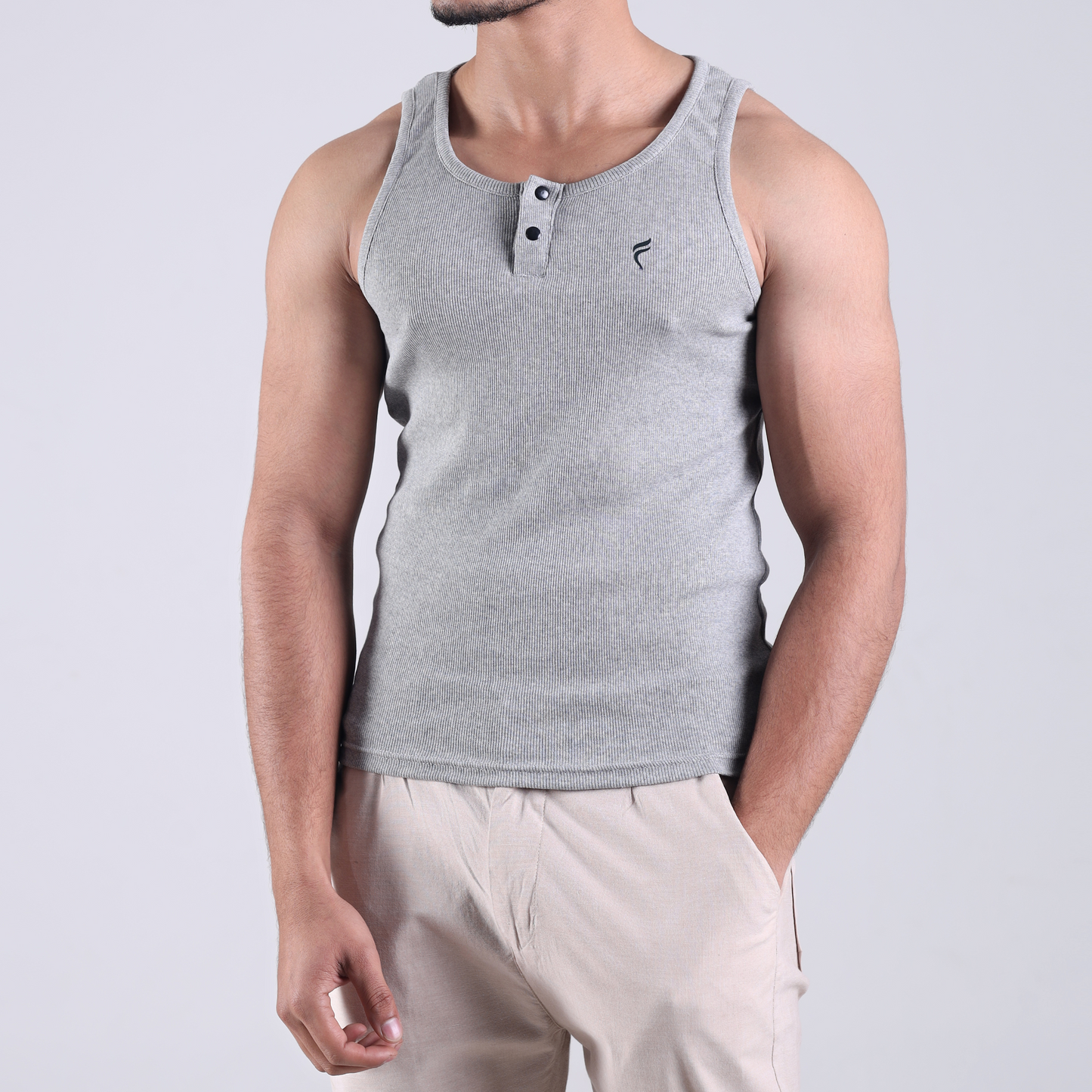 Henley Ribbed Tank Grey 220 GSM - Organic Cotton