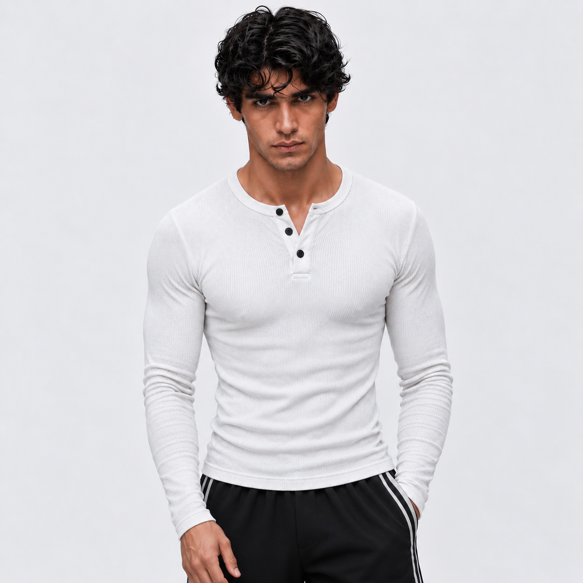 WHITE - Ribbed Henley Full Sleeve 220 GSM