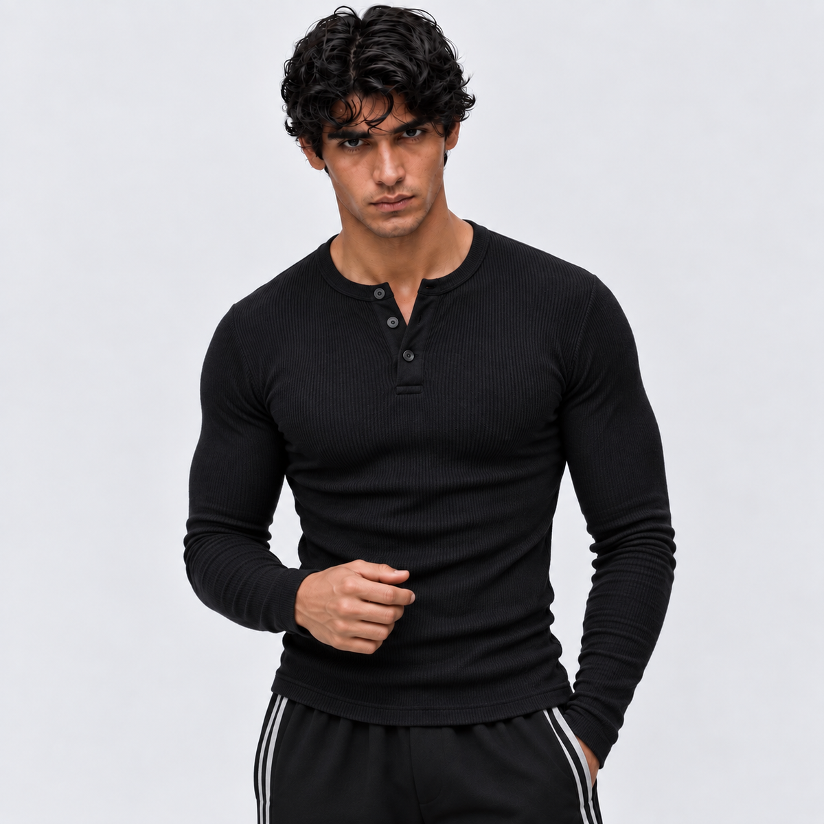 BLACK - Ribbed Henley Full Sleeve 220 GSM