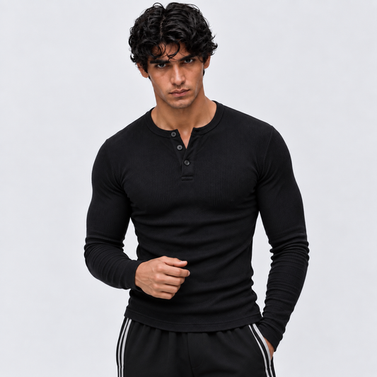BLACK - Ribbed Henley Full Sleeve 220 GSM