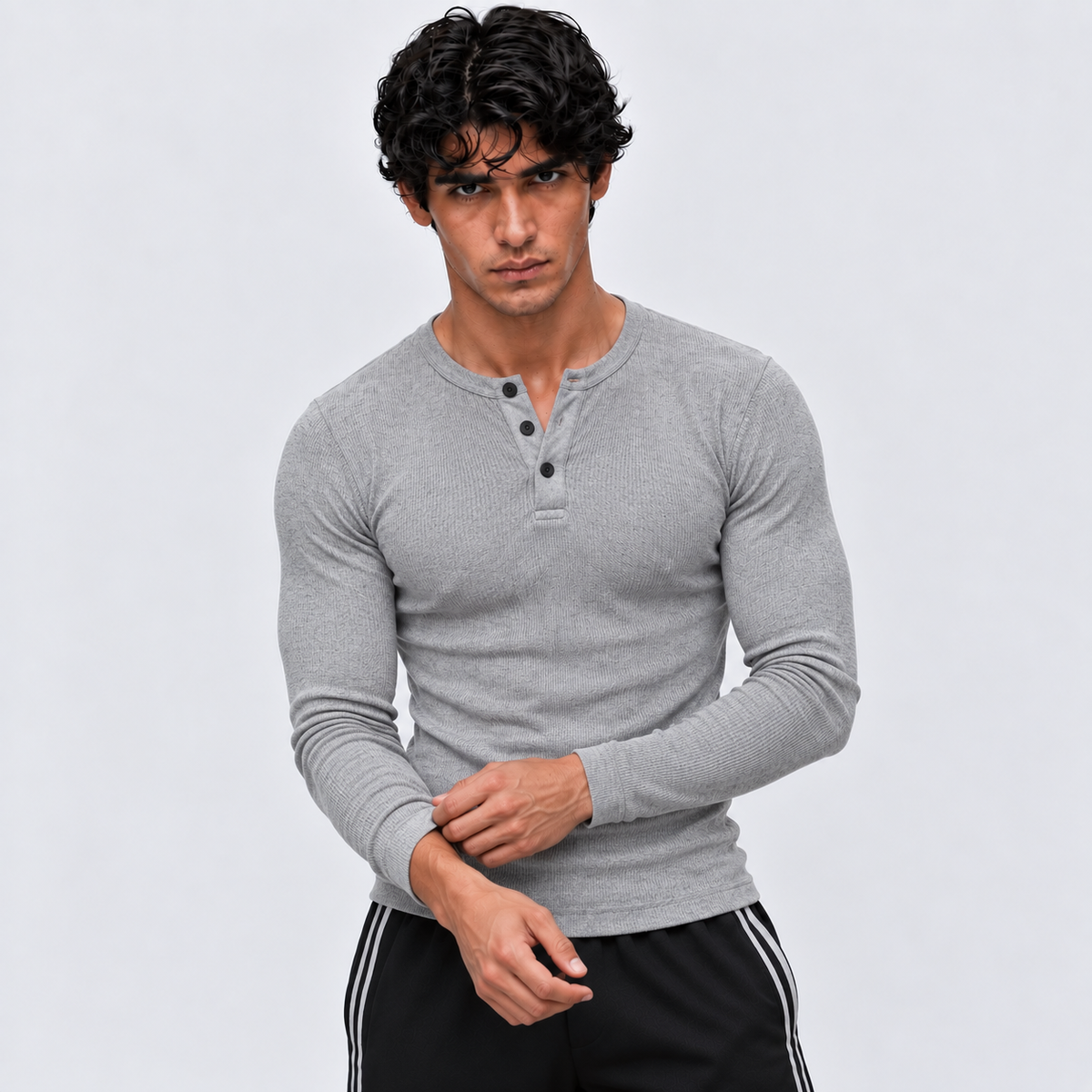 HEATHER GREY - Ribbed Henley Full Sleeve 280 GSM