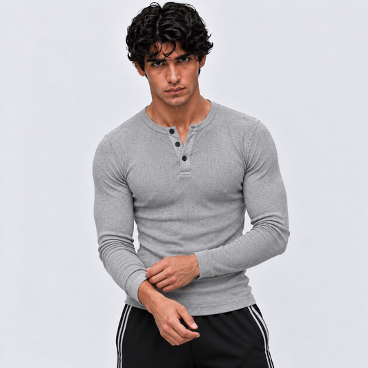 HEATHER GREY - Ribbed Henley Full Sleeve 280 GSM
