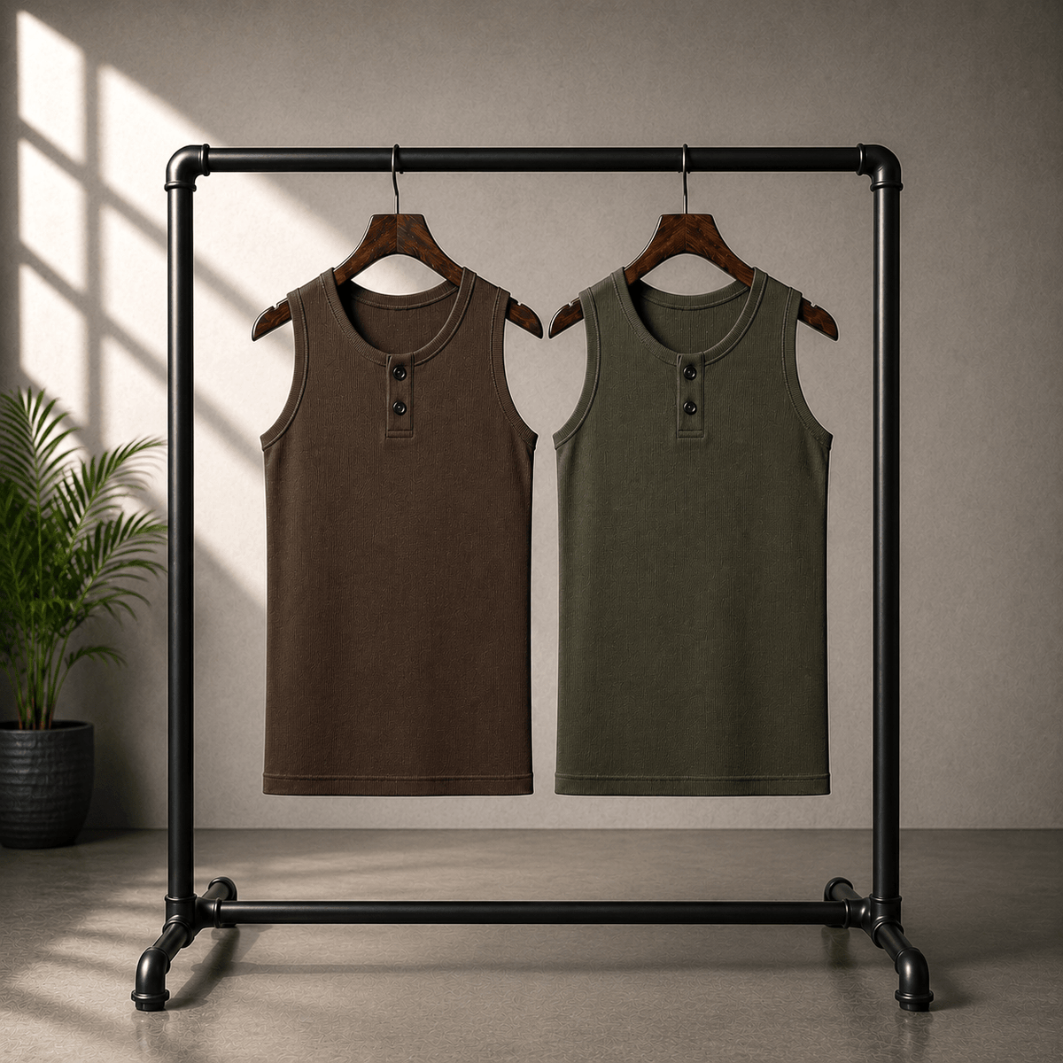 Henley Ribbed Tanks Brown & Army Green 220 GSM